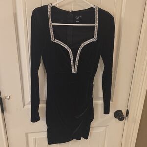 Windsor Black Velvet Long Sleeve Cocktail Dress with Rhinestone Neckline